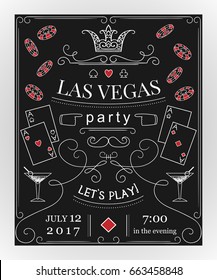 Las Vegas party invitation on chalkboard with decorative elements. Vintage vector illustration