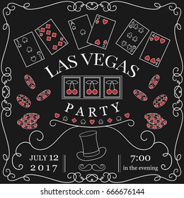 Las Vegas party invitation on chalkboard with decorative elements. Vintage vector illustration