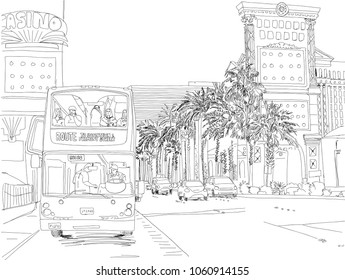 In Las Vegas, people ride a bus on Las Vegas Boulevard, with casinos, hotels and palm trees in the background. Hand drawn vector illustration.