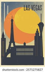 Las Vegas retro city poster with abstract shapes of skyline, buildings. USA, Nevada state vintage travel vector illustration, cityscape at sunrise, sunset