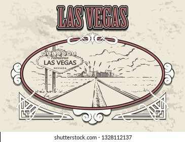 Las Vegas road with sign sketch. Las Vegas hand drawn vector illustration in vintage frame.