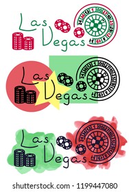 Las Vegas roulette and chips sketch with watercolor and felt-tip pen grunge vector illustration