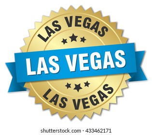 Las Vegas round golden badge with blue ribbon