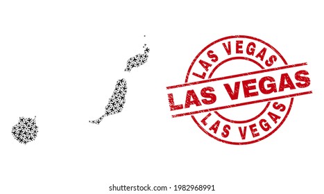 Las Vegas rubber badge, and Las Palmas Province map collage of aviation items. Collage Las Palmas Province map constructed using airliners. Red seal with Las Vegas tag, and corroded rubber texture.