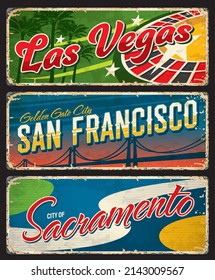 Las Vegas, San Francisco And Sacramento American Cities Plates And Travel Stickers. USA Journey Vintage Plates, United States Of America City Vector Tin Sign With Casino Roulette, Golden Gate Bridge