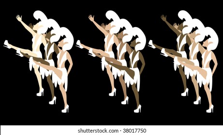 Las Vegas Showgirl Dancers with costumes giving high kicks.