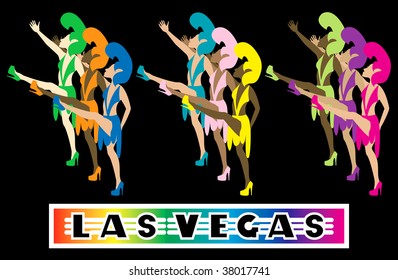 Las Vegas Showgirl Dancers performing with high kicks. Used tiltawhirl font.
