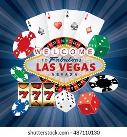 Las Vegas sign with casino icons on blue starburst, vector background