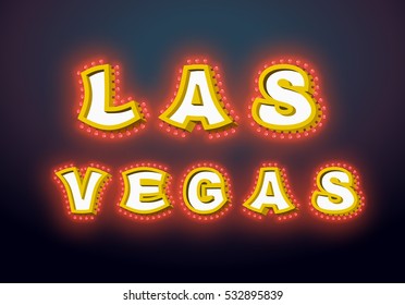 Las Vegas sign with glowing lights. Retro label with light bulb. Vintage direction pointer. Glittering lights
