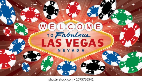 las vegas sign with red starburst and gambling chips, vector illustration