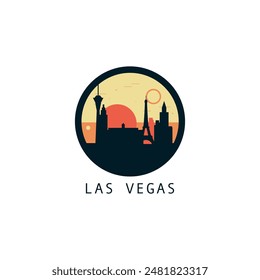 Skyline von Las Vegas, Panorama-Logo der Innenstadt, Logo. USA, Nevada Staat runde Abzeichen Kontur, isolierte Vektorgrafik Vintage Piktogramm mit Denkmälern, Wahrzeichen