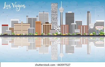 Las Vegas Skyline with Gray Buildings, Blue Sky and Reflections. Vector Illustration. Business Travel and Tourism Concept with Modern Buildings. Image for Presentation Banner Placard and Web Site.