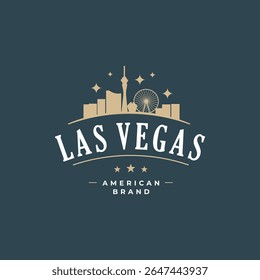 Las Vegas skyline logo, dark navy background with light beige silhouette of city, Ferris wheel, and stars