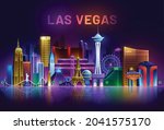 Las Vegas Skyline, Nevada night city illuminated by neon lights, USA cityscape with panorama on a dark background horizontal banner