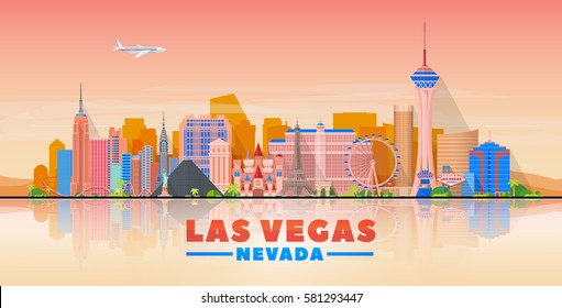 Las Vegas skyline with panorama in evening sky background. Vector Illustration. Business travel and tourism concept with modern buildings. Image for banner or web site.