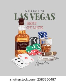 las vegas slogan with liquer bittle and deck of card graphic vector illustration