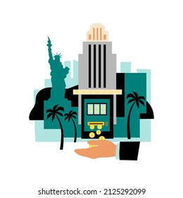 Las Vegas. Stylised image of Las Vegas buildings, casino, jackpot. Icon, clipart for website about casino, luck, winning, America, USA. Vector flat illustration, cartoon style.