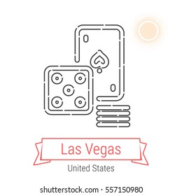 Las Vegas (United States) flat style thin line icon with an inscription on a ribbon banner with the sun in the background. Las Vegas logo, landmark, vector symbol. Casino, games of chance pictogram.