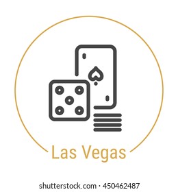 Las Vegas (United States) outline icon with caption. Las Vegas City logo, landmark, vector symbol. Las Vegas Casino dice, playing card and chips.  Illustration of Vegas isolated on white background.