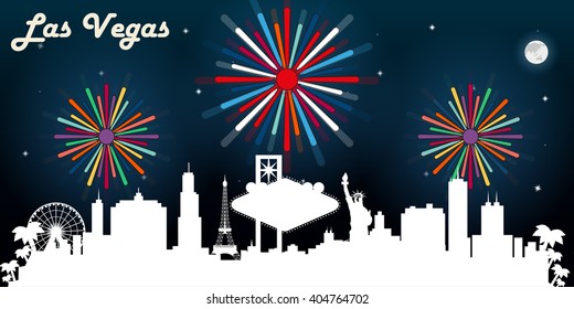 Las Vegas USA Skyline Silhouette Vektordesign, dunkler Nachthimmel mit Feuerwerk