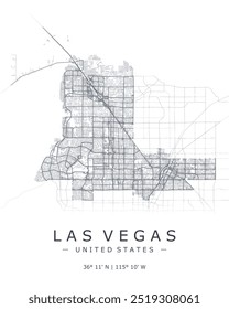 Las Vegas Vektorkarte. Detaillierte Karte von Las Vegas in Vereinigte Staaten. Beste kostenlose Vektorgrafik. Touristische dekorative Straßenkarte.