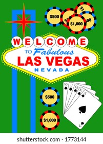 Las Vegas welcome sign with a straight flush and some poker chips.  Vector illustration, can be resized and isolated very easy and can be placed easily.