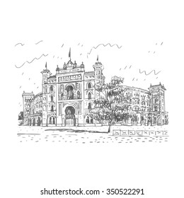 Las Ventas Bullring in Madrid, Spain. Drawn pencil sketch. Vector file