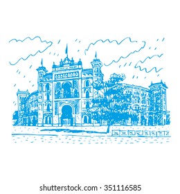 Las Ventas Bullring in Madrid, Spain. Drawn pencil sketch. Vector file