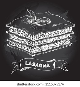 Lasagna with basil leaves. Dish of Italian cuisine. Ink hand drawn Vector illustration. Top view. Food element for menu design.