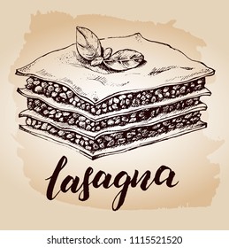 Lasagna with basil leaves. Dish of Italian cuisine. Ink hand drawn Vector illustration. Top view. Food element for menu design.