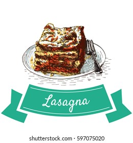 Lasagna colorful illustration. Vector illustration of Italian cuisine.