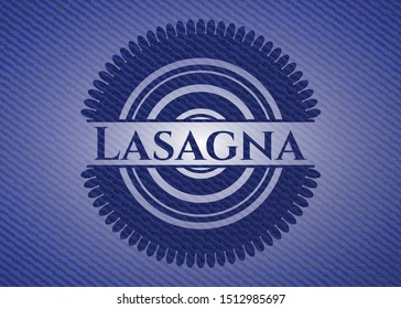 Lasagna emblem with jean high quality background. Vector Illustration. Detailed.