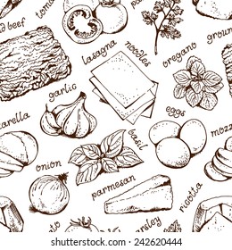 Lasagna food background, seamless hand drawn pattern with text