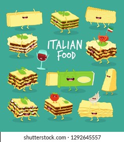 Lasagna, funny lasagna, wine, glass of wine, red wine, tomato, Parmesan, type of Italian food. Vector illustration. Use for cards, fridge magnets, stickers, posters or restaurant menu.