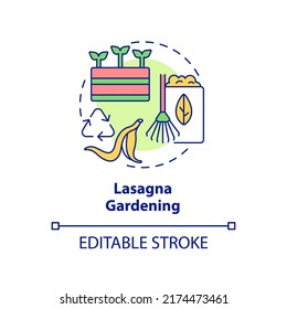 Lasagna Gardening Concept Icon. Sheet Composting. Gardening Method Abstract Idea Thin Line Illustration. Isolated Outline Drawing. Editable Stroke. Arial, Myriad Pro-Bold Fonts Used