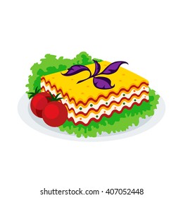 Lasagna icon isolated on a white background. Icon dishes with vegetarian lasagna with salad and tomatoes in a flat style. Vector illustration.