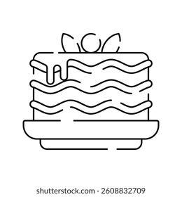 Lasagna Icon Outline Style, layered pasta with sauce and basil, suitable for restaurant branding and food illustrations.