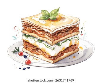 Lasagna illustration in watercolor style to vector