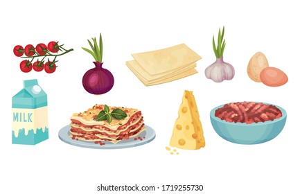 Lasagna Ingredients with Prepared Dish Served on Plate Vector Set