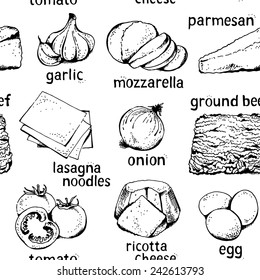 Lasagna ingredients vector seamless pattern, hand drawn food  background