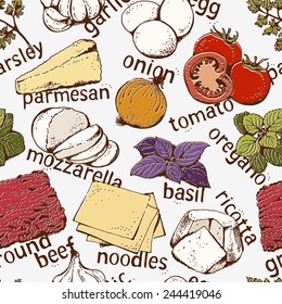 Lasagna ingredients vector seamless pattern, hand drawn food  background with text