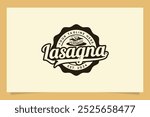 Lasagna logo in emblem form with lasagna dish and beautiful lettering. It