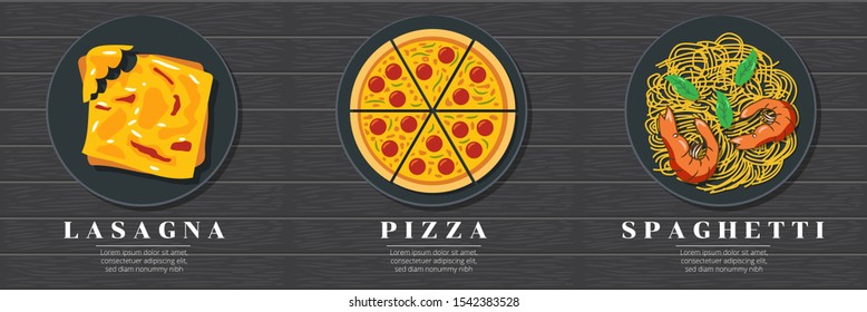 Lasagna, margarita pizza and seafood spaghetti, Italian food menu set graphic
