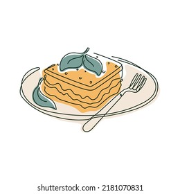 Lasagna on a plate with fork and spinach leaf, vector isolated line art illustration of italian food.