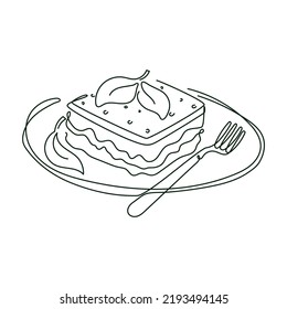 Lasagna on a plate with fork and spinach leaf, vector isolated line art illustration of italian food.