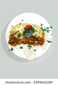 Lasagne auf weißem Teller, mit durchsichtiger Soße, Tomatengewürzen und Kräutern, Seitenansicht, appetitlich gesundes Vektorgrafik-Essen