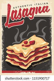 Lasagna Retro Promo Poster Design Template. Authentic Italian Food Menu With Hot And Tasty Lasagna  Graphic. Vector Pasta Illustration.