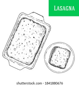 Lasagna sketch vector illustration. Italian cuisine. Lasagna dish. Hand drawn sketch illustration. Italian food. Top view.