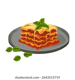Lasagna slice with visible pasta, meat and cheese layers on a plate with green basil leaves. Cartoon vector food hand drawn illustration for cooking content, product design, branding, menu, print