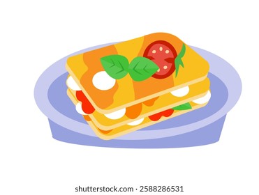 Lasagna with tomatoes and basil on a plate. Food and traditional cuisine, Italy. Symbols and isolated vector illustration on white background. 